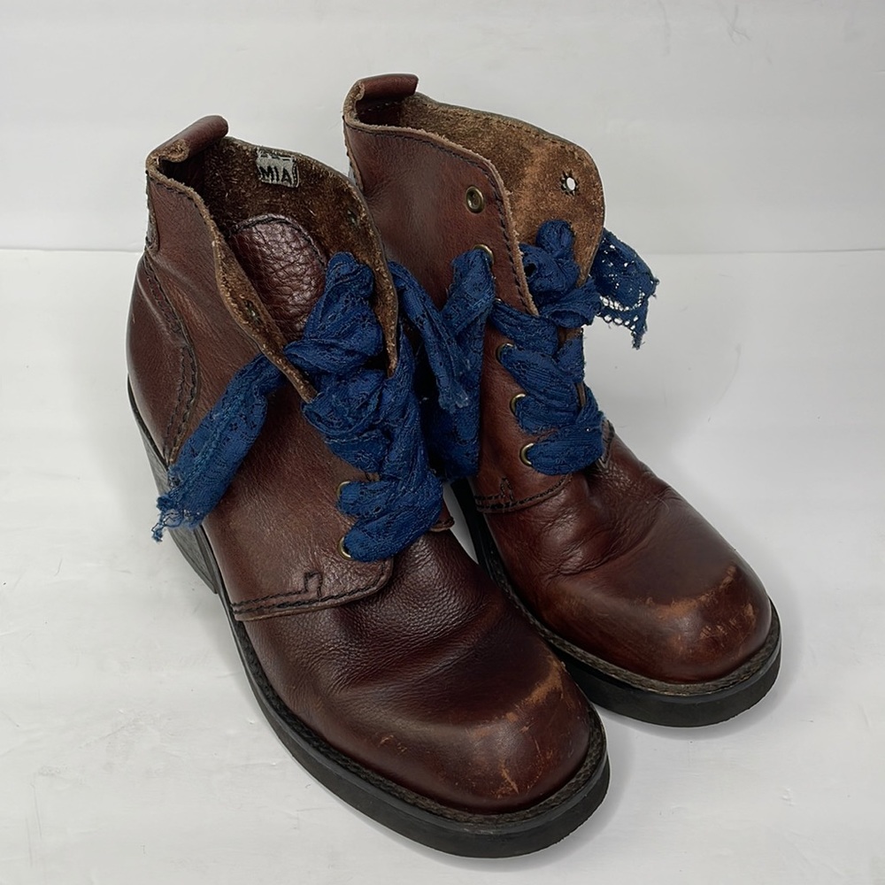 MIA Brown Lace Up Boots with Blue Laces